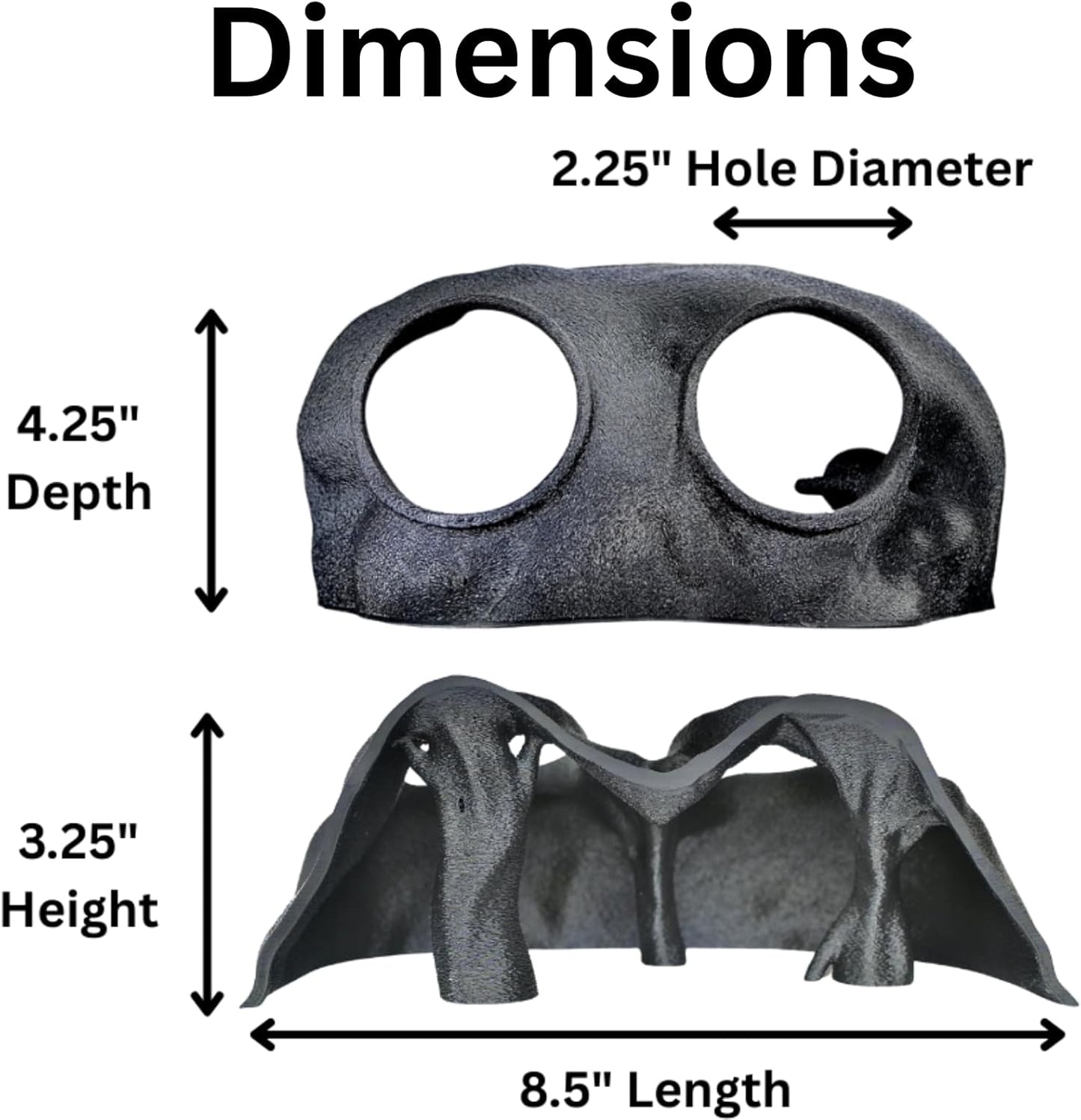 Dimensions of underground tree cave with depth, height, hole diameter and length of cave. 
