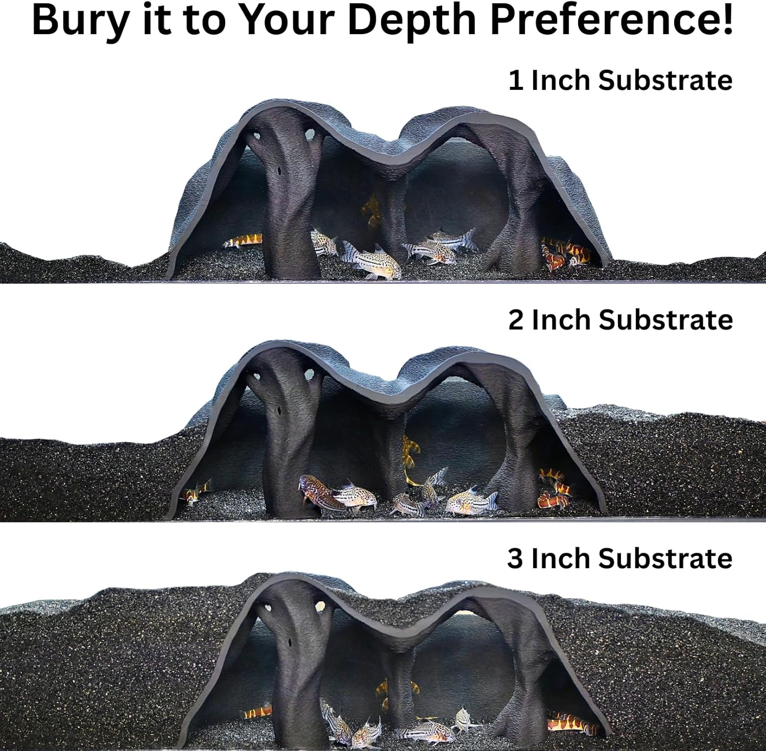 Aquarium underground tree cave hideout decor demonstrating depth preferences. 