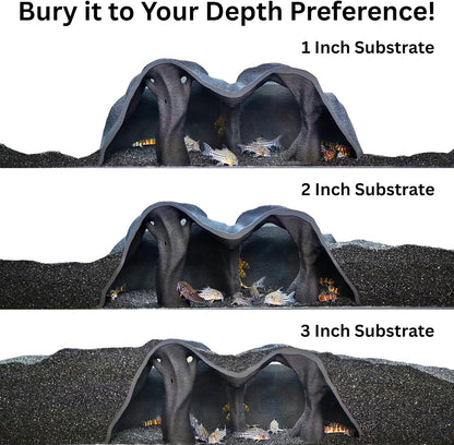 Aquarium underground tree cave hideout decor demonstrating depth preferences. 