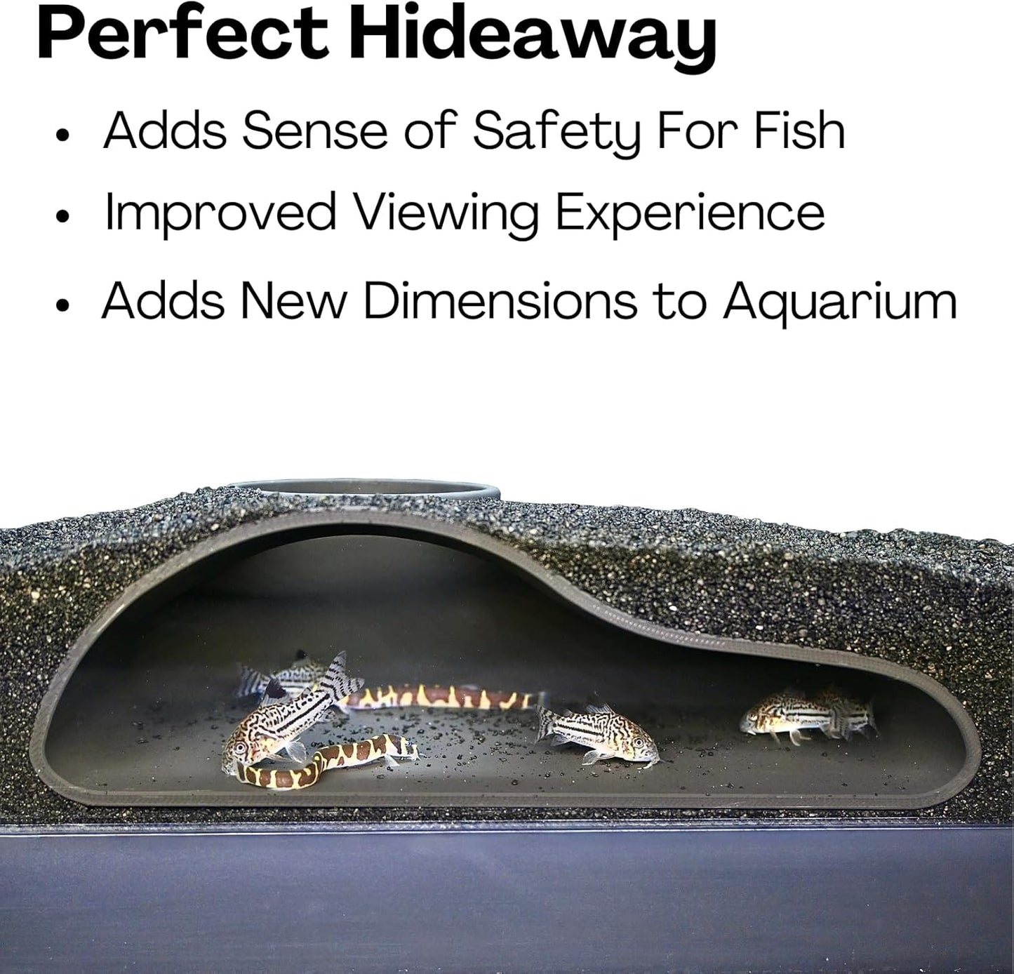 Aquarium underground tunnel cave is the perfect hideaway for fish. It adds a sense of safety for fish, improves your viewing experience, and adds new dimensions to your aquarium. Cory catfish and kuhli loaches swimming inside.