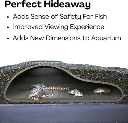 Aquarium underground tunnel cave is the perfect hideaway for fish. It adds a sense of safety for fish, improves your viewing experience, and adds new dimensions to your aquarium. Cory catfish and kuhli loaches swimming inside.