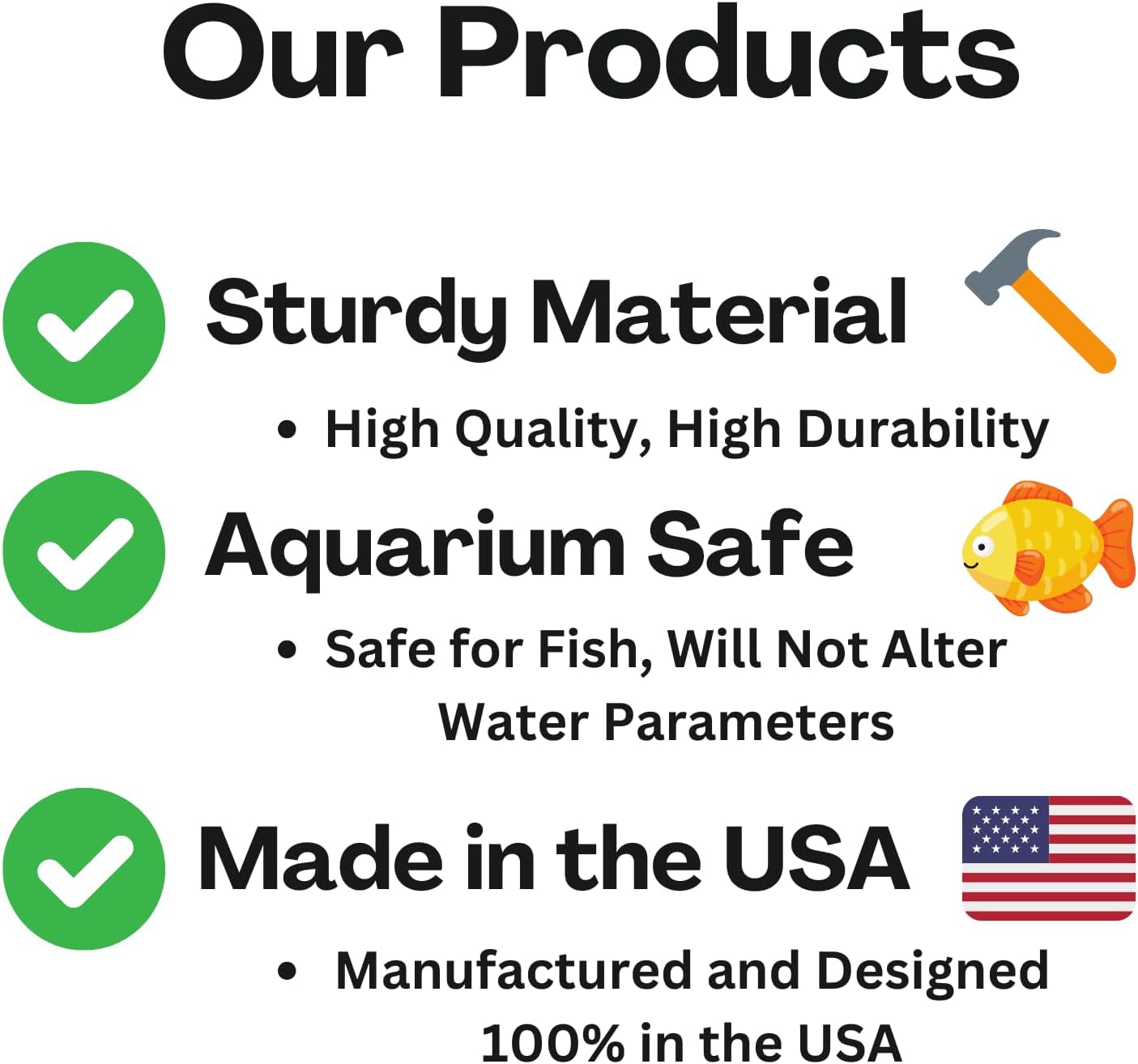 List of aquarium underground single hole natural curve cave product features including sturdy material, aquarium safety, and Made in the USA on a white background.