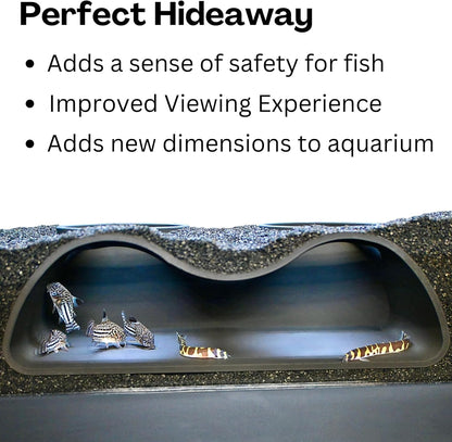 Aquarium hideaway front on image with text explaining the many benefits including safety, improved viewing and hideout