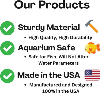 List of black aquarium underground dome tunnel cave product features including sturdy material, aquarium safety, and Made in the USA on a white background.