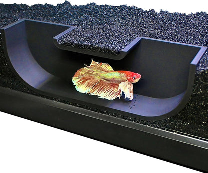 Underground black betta hideout tunnel cave with betta fish swimming inside of it.