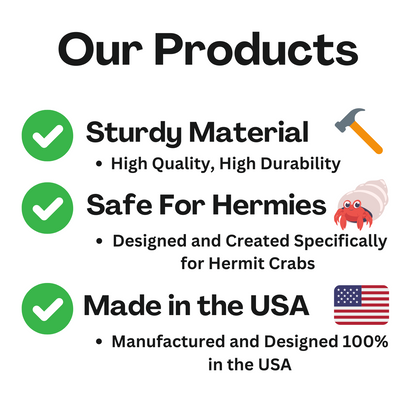 Hermit crab coconut product features including sturdy material, safety for hermit crabs, and made in the USA.