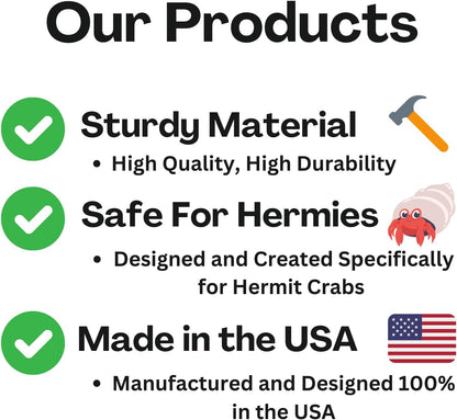 Hermit crab climbing ladder ramp product features including sturdy material, safety for hermit crabs, and made in the USA on a white background.