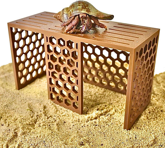 Hermit crab climbing toy stand with hermit crab climbing on top of accessory in tank.