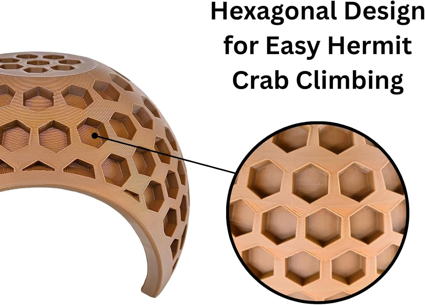 Hexagonal design on a hermit crab coconut climbing toy with text indicating it's for easy climbing.
