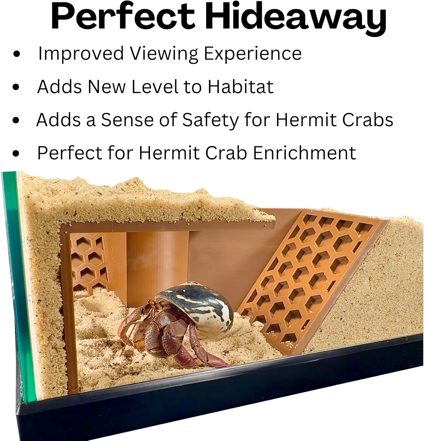 Hermit crab underground corner tunnel is perfect hideaway. Improves the viewing experience, adds a new level to the habitat, adds a sense of safety for hermit crabs and perfect for hermit crab enrichment.