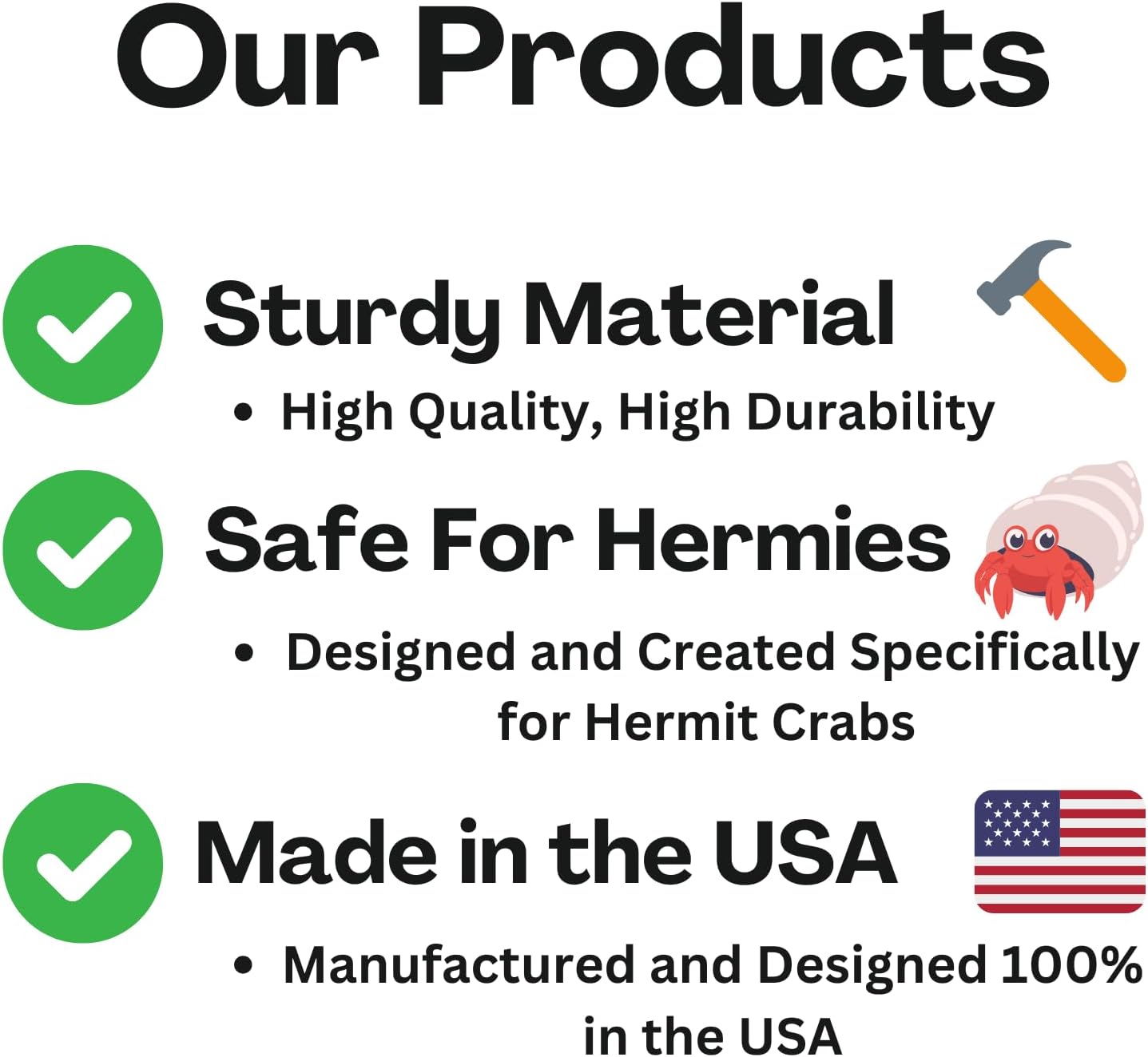 Hermit crab wall foraging basket product features including sturdy material, safety for hermit crabs, and made in the USA.