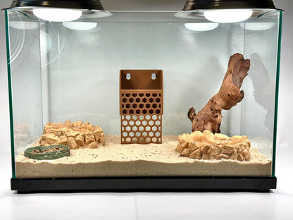 Hermit crab wall foraging basket in natural habitat with white sand. Provides safety and enrichment to tank.