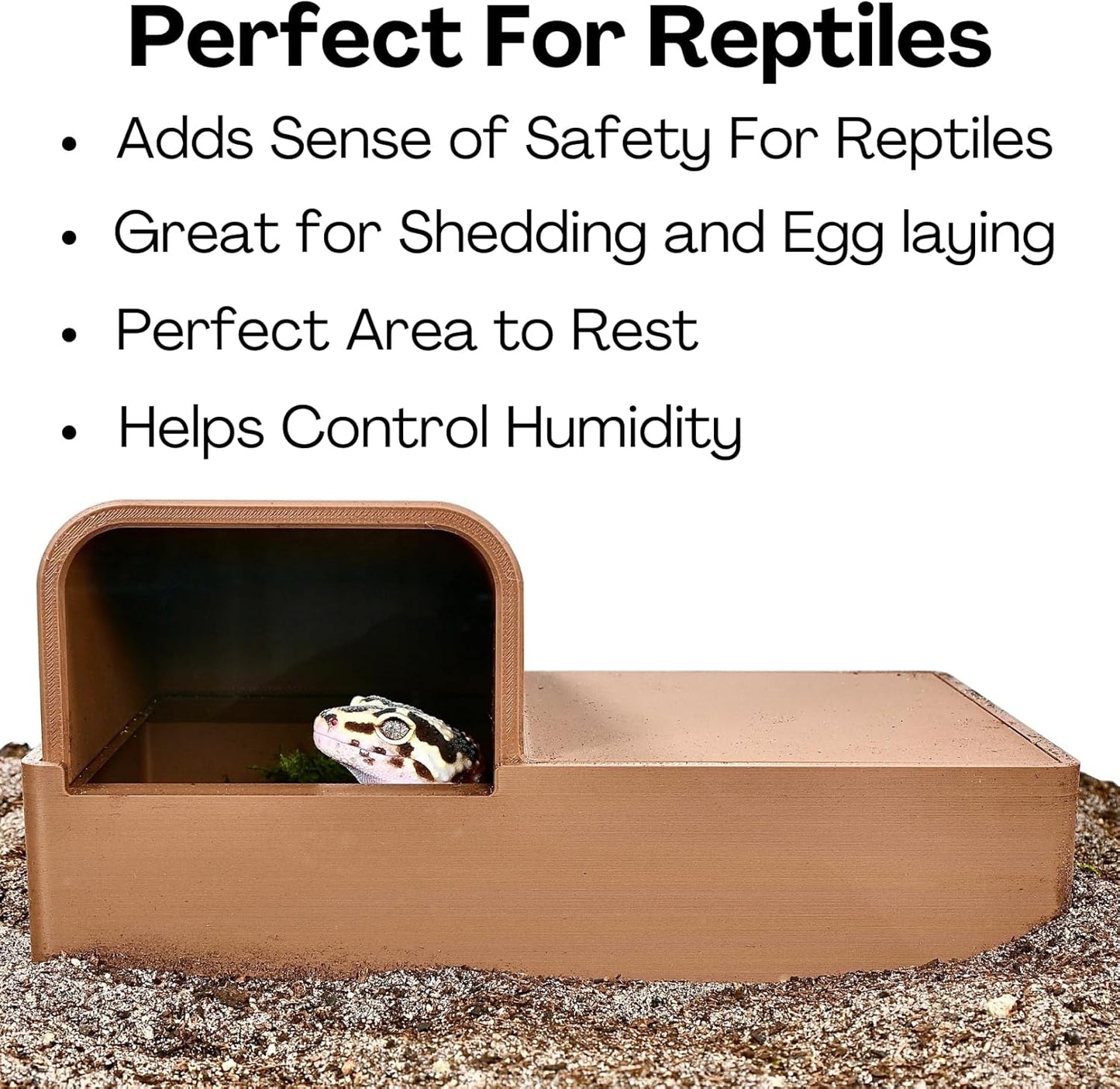 Leopard gecko peeking out from humid hide underground cave. With explanation of being great for safety, resting and humidity control.