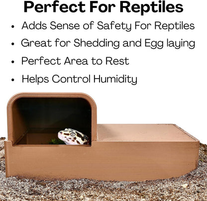 Leopard gecko peeking out from humid hide underground cave. With explanation of being great for safety, resting and humidity control.