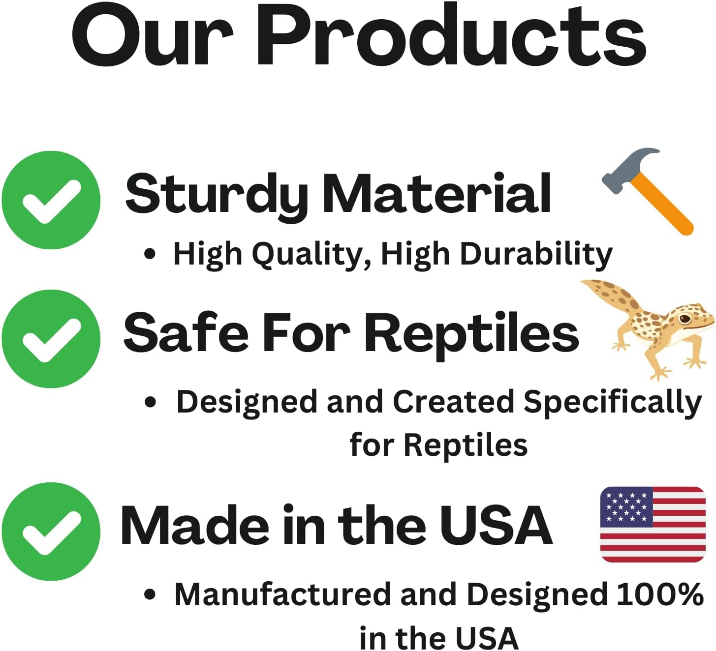 Reptile against glass viewing hide product features including sturdy material, safety for reptiles, and made in the USA on a white background.