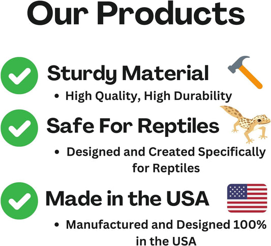 Reptile against glass viewing hide product features including sturdy material, safety for reptiles, and made in the USA on a white background.