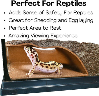 Leopard gecko inside underground corner cave. Perfect for reptiles, adding sense of safety, and great for shedding, rest, and egg laying while providing an amazing viewing experience.