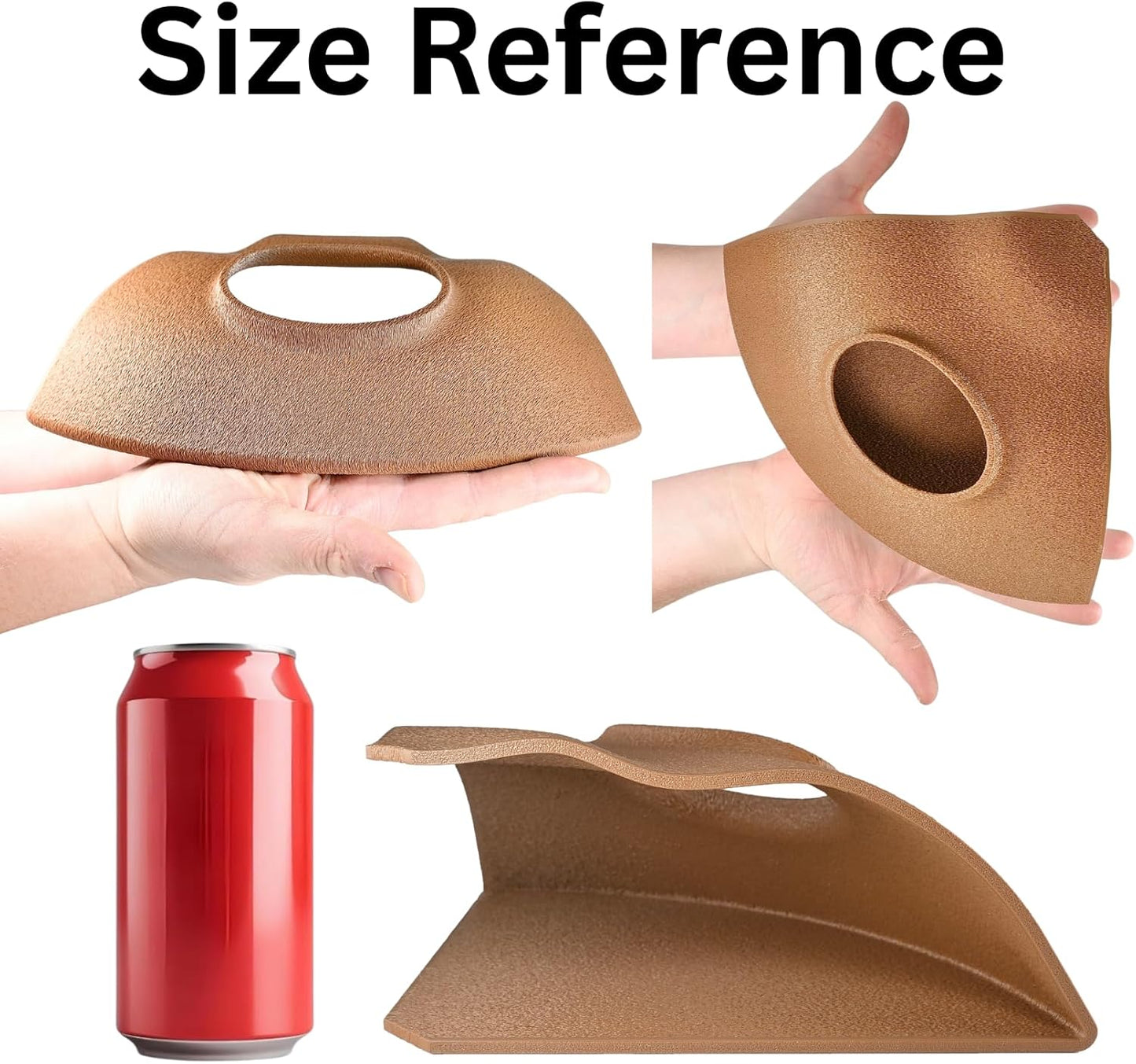 Brown leopard gecko and reptile underground cave size reference. Comparison to a human had and a soda can.