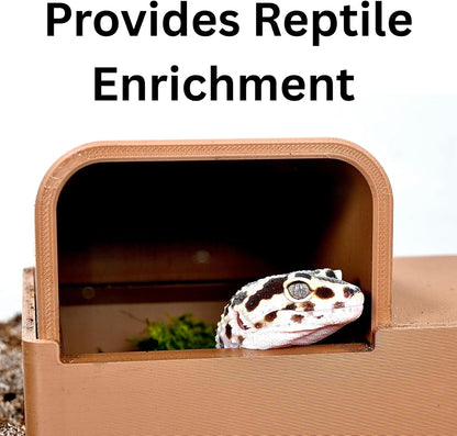 Leopard gecko peeking out of humid hide that provides enrichment for reptiles.