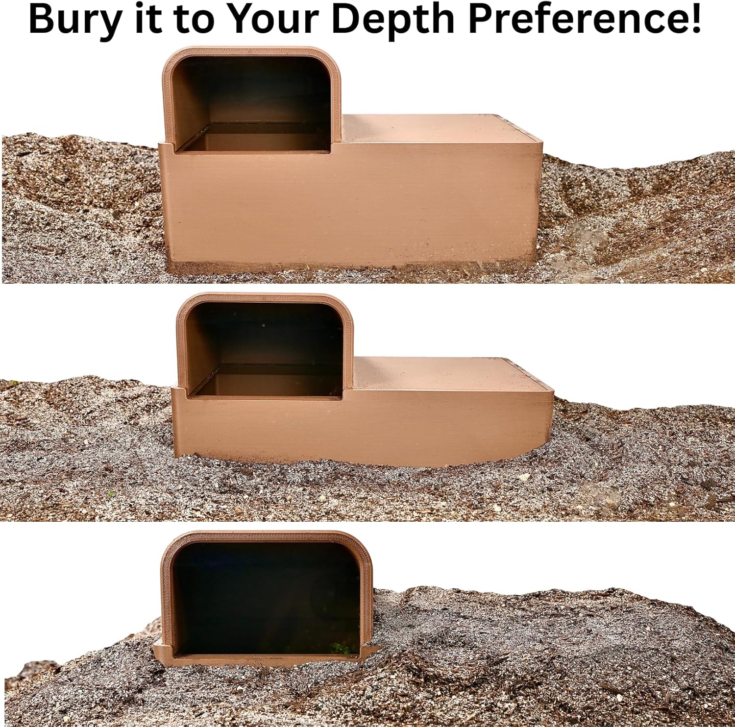 Brown underground reptile humid hide with text 'Bury it to Your Depth Preference."