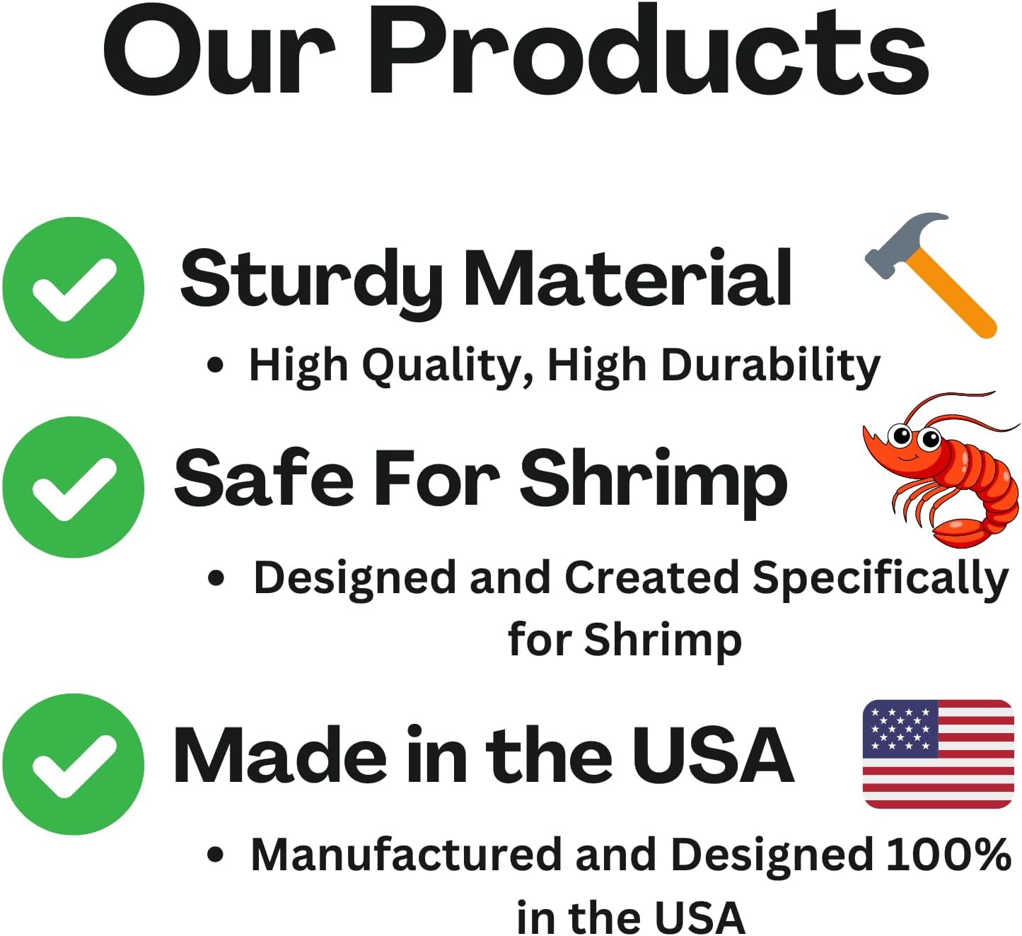 White underground shrimp maze tunnel Product features including sturdy material, safety for shrimp, and made in the USA on a white background.