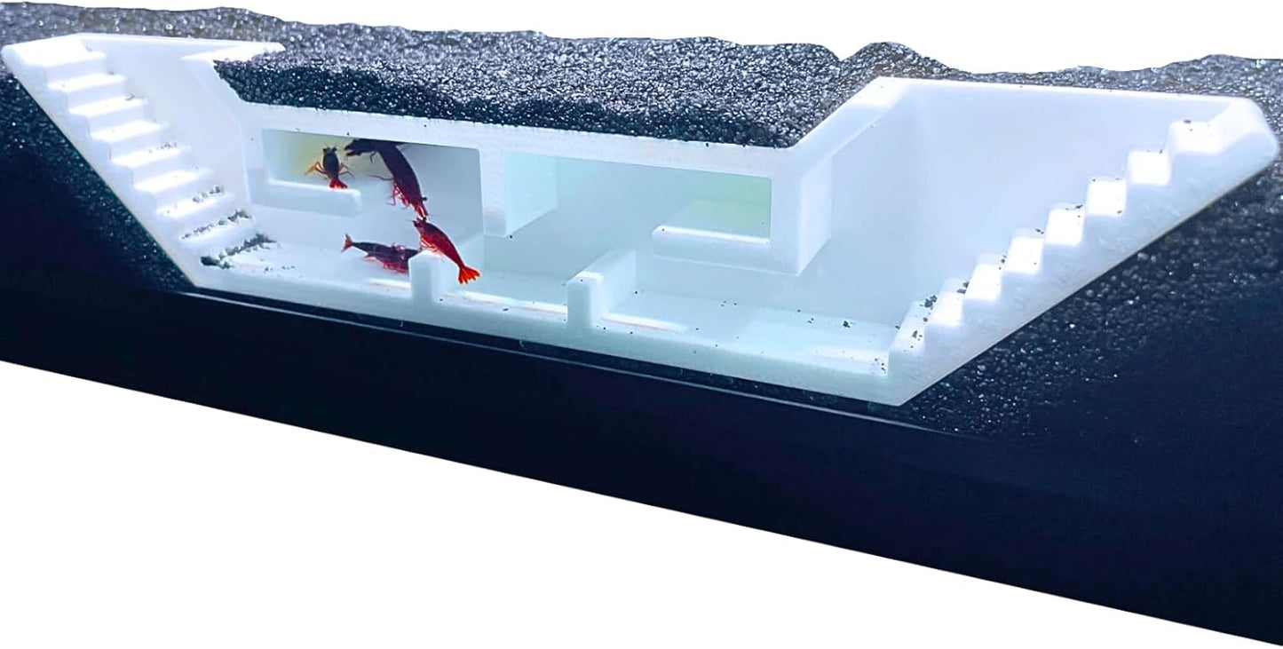 The white shrimp cave underground maze tunnel with red freshwater shrimp climbing around inside it