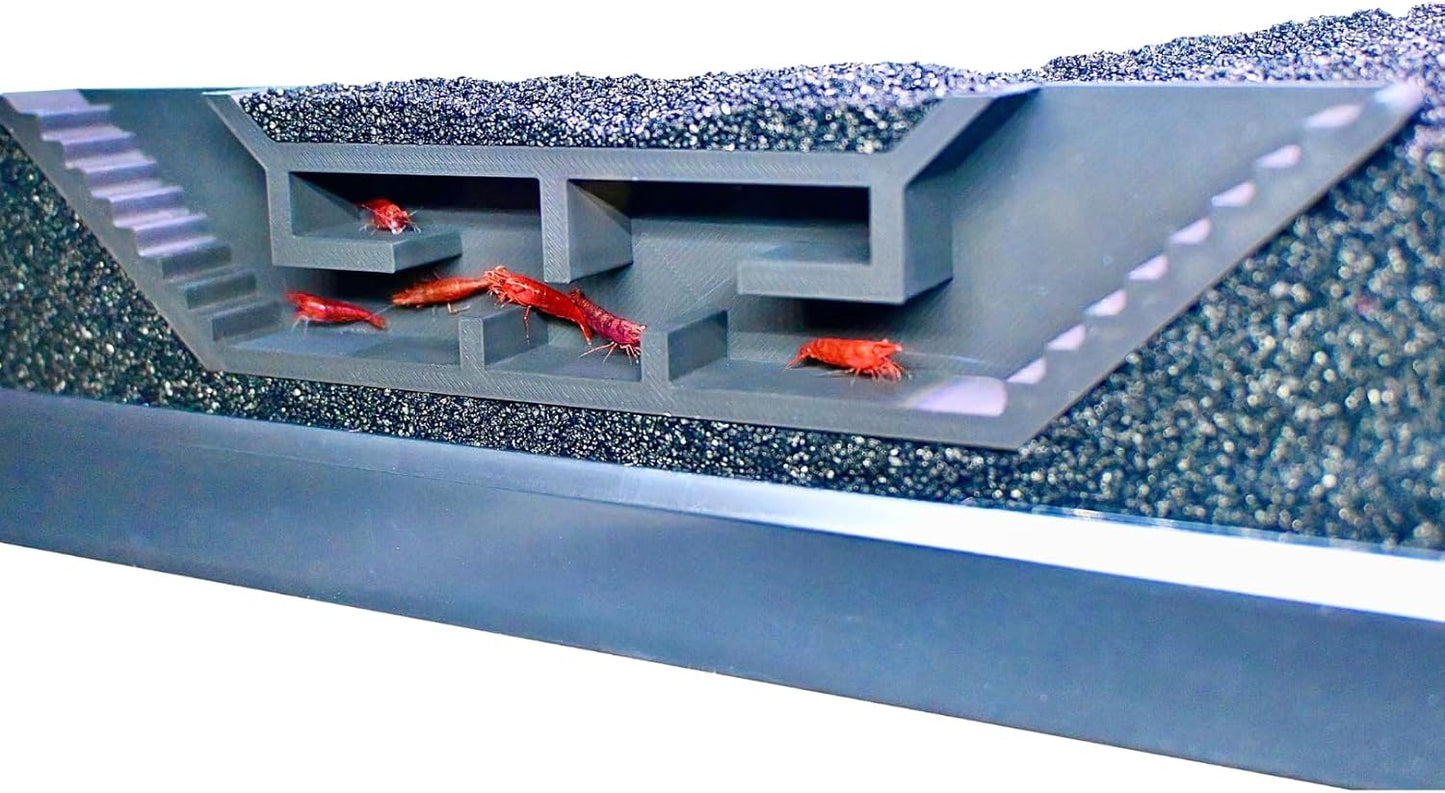 The shrimp cave underground maze tunnel with red freshwater shrimp climbing around inside it